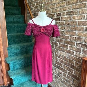 VTG Burgundy Wine Red Ruched Satin Bust Off Shoulder Mini Midi Dress